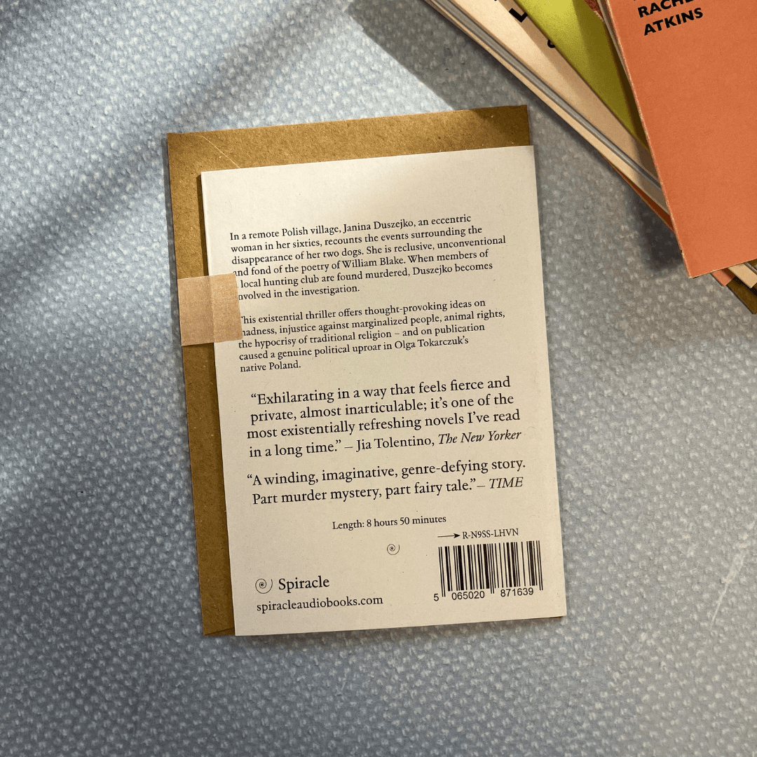 An Audiobook in a Card - Drive Your Plow Over the Bones of The Dead by Olga Tokarczuk - The Willoughby Book ClubAudiobook